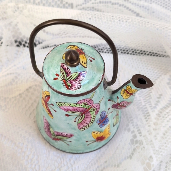 Vintage Miniature Enamel On Metal Empress Art Butterflies Teapot - Picture 5 of 11